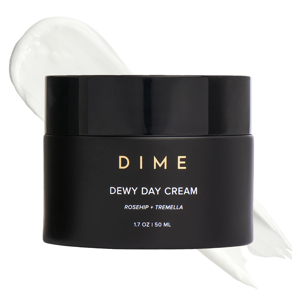 DIME dewy day cream front jar showing packaging and clean formulation benefit