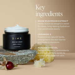 DIME dewy day cream dispensing on fingertip demonstrating easy absorption benefit
