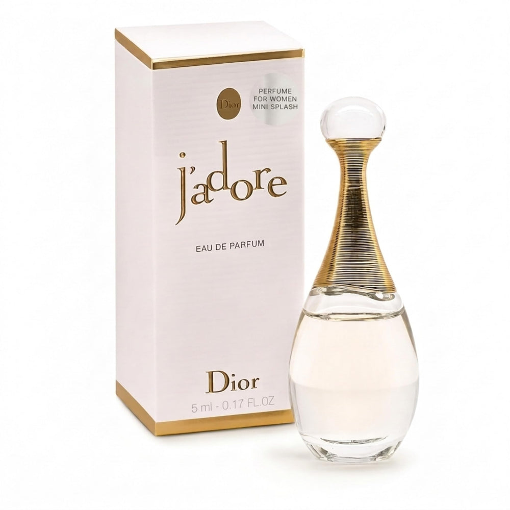 Dior J'adore mini front bottle view showing elegant design and travel convenience