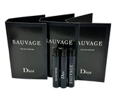 Dior Sauvage sample vials front view showing three travel-size options and easy testing