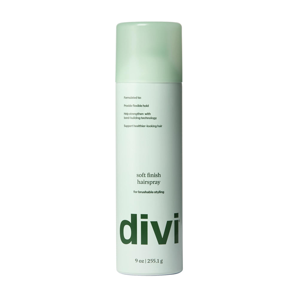 divi soft finish hairspray front packaging showing bottle and branding benefits