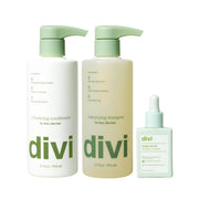 Divi front packaging of volumizing set showing tidy bottles and labels for easy identification