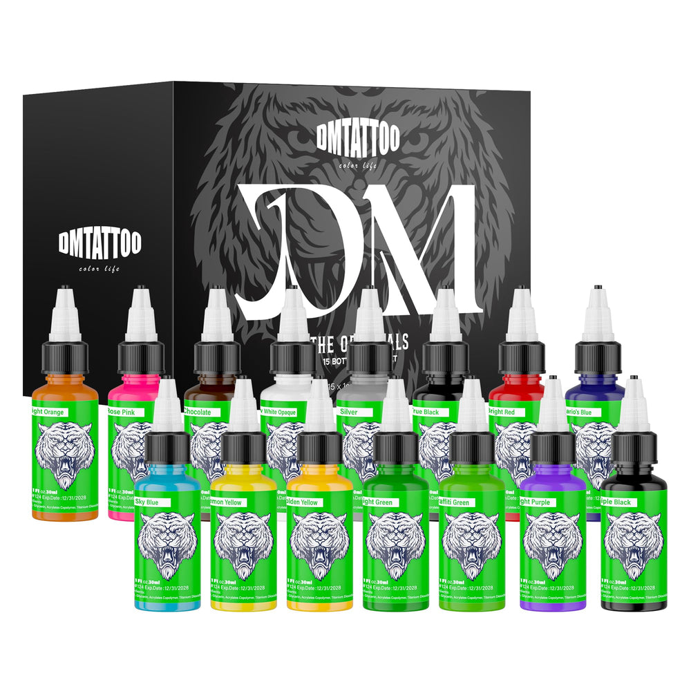 DMTATTOO front packaging showing 15-color kit for vibrant tattoo work
