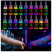 DMTATTOO front pack showing all 18 fluorescent bottles and color range benefit