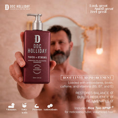 DOC HOLLIDAY shampoo pouring into hand illustrating lightweight hydration and easy spread