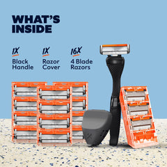 Dollar Shave Club cartridge close-up highlighting four razor blades for quick rinsing