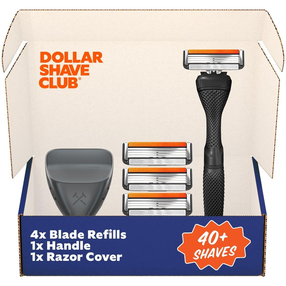 Dollar Shave Club travel kit front view showing handle and cartridges for compact convenience