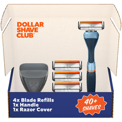 Dollar Shave Club travel set front packaging showing kit and benefits