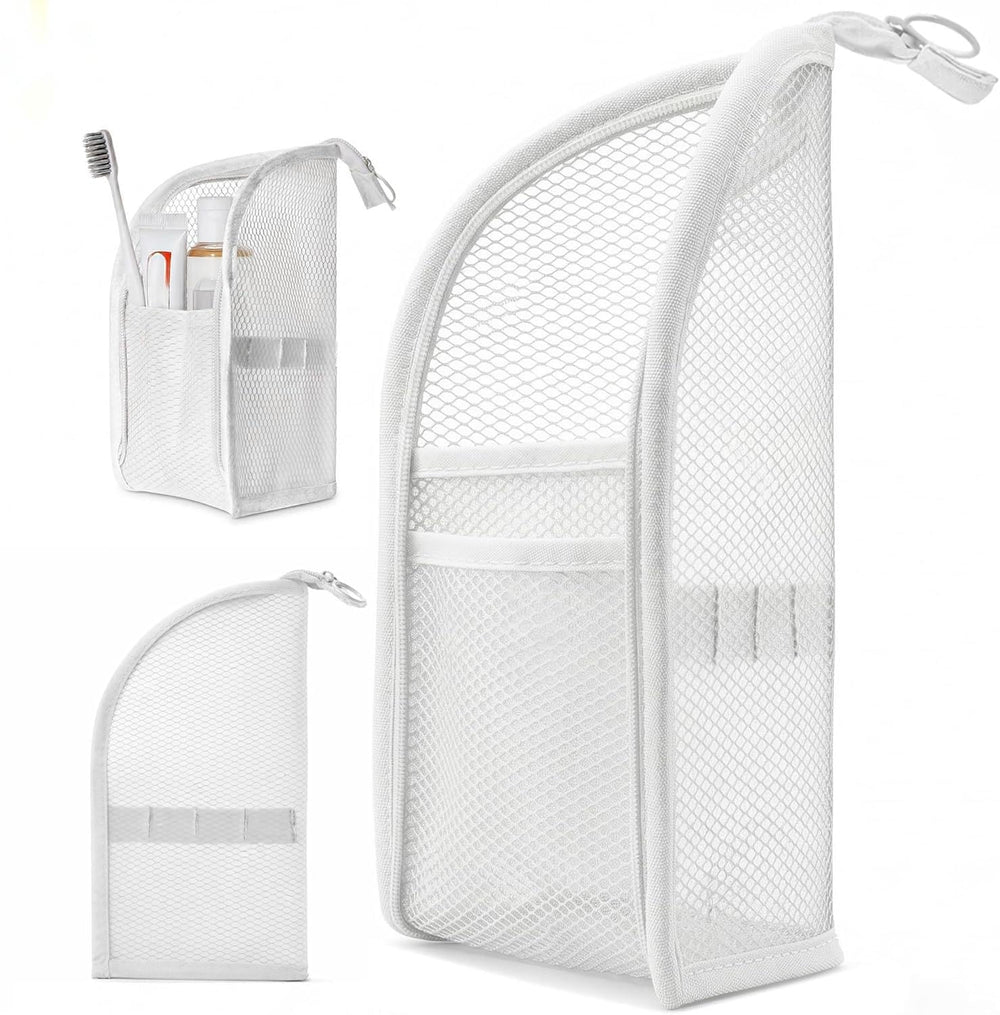 DomesticEdge front view of standing toiletry bag showing upright profile and compact benefit