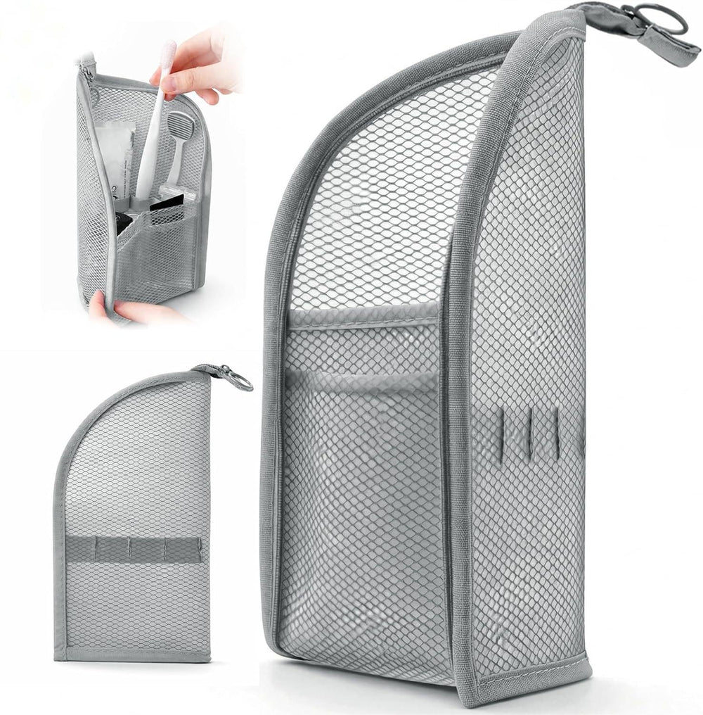 DomesticEdge front view of standing toiletry bag showing upright design and compact benefit
