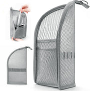 DomesticEdge front view of standing toiletry bag showing upright design and compact benefit