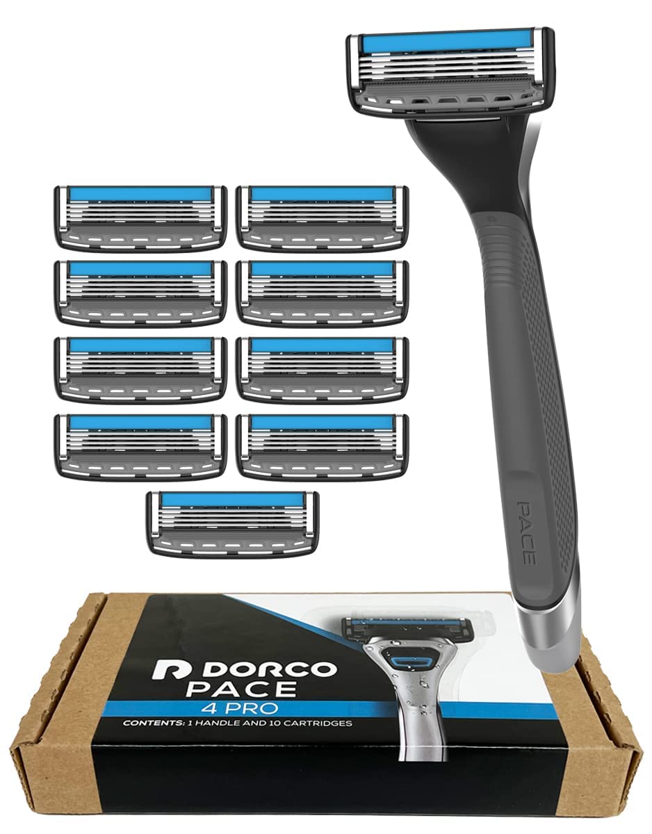 DORCO Pace 4 Pro front view showing full razor and cartridges for reliable shaves