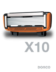 DORCO cartridge blade detail illustrating six-blade cutting edge
