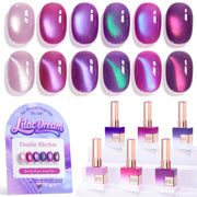 Double Rhythm front view of six matching gel polish bottles showing cohesive color and shimmer benefits