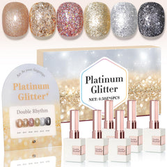 Double Rhythm front packaging showing six 15ml glitter gel bottles and swatches for easy selection