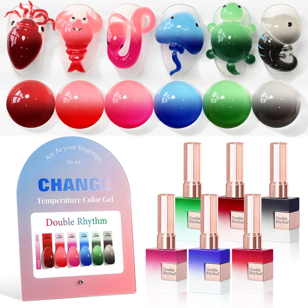 Double Rhythm front packaging showing six identical color-changing bottles and benefits