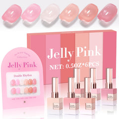 Double Rhythm front packaging showing six matching gel polish bottles and benefits