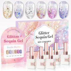 Double Rhythm front packaging showing six glitter gel bottles and swatches, easy selection benefit