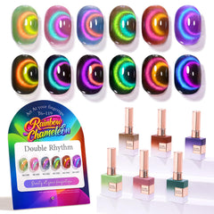 Double Rhythm front packaging showing six identical cat-eye bottles and swatches for gift appeal
