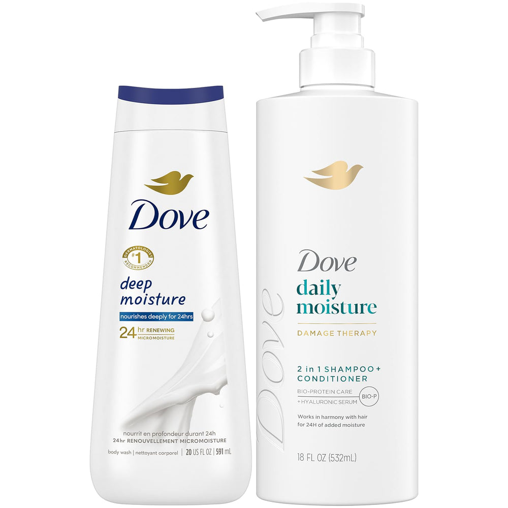 Dove 2-in-1 shampoo and conditioner front showing bottle and benefit of simplified hydration
