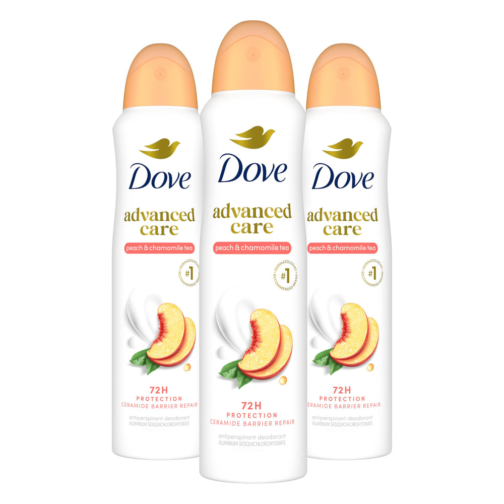 Dove can front packaging showing peach scent and protective benefit