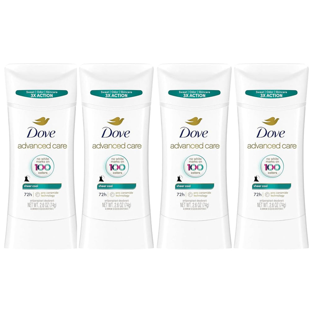 Dove Advanced Care front packaging showing stick and 4-pack benefit for soft underarms