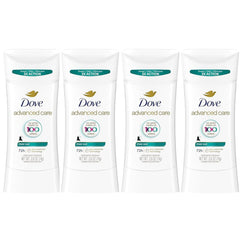 Dove Advanced Care front packaging showing stick and 4-pack benefit for soft underarms
