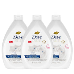 Dove front pack showing 3 refill bottles and brand hydration benefit