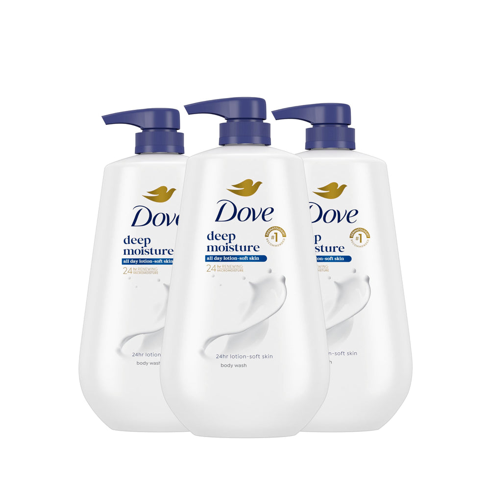 Dove deep moisture front packaging showing pump and label for easy identification and hydration benefit