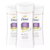 Dove Even Tone front packaging showing three sticks and benefits