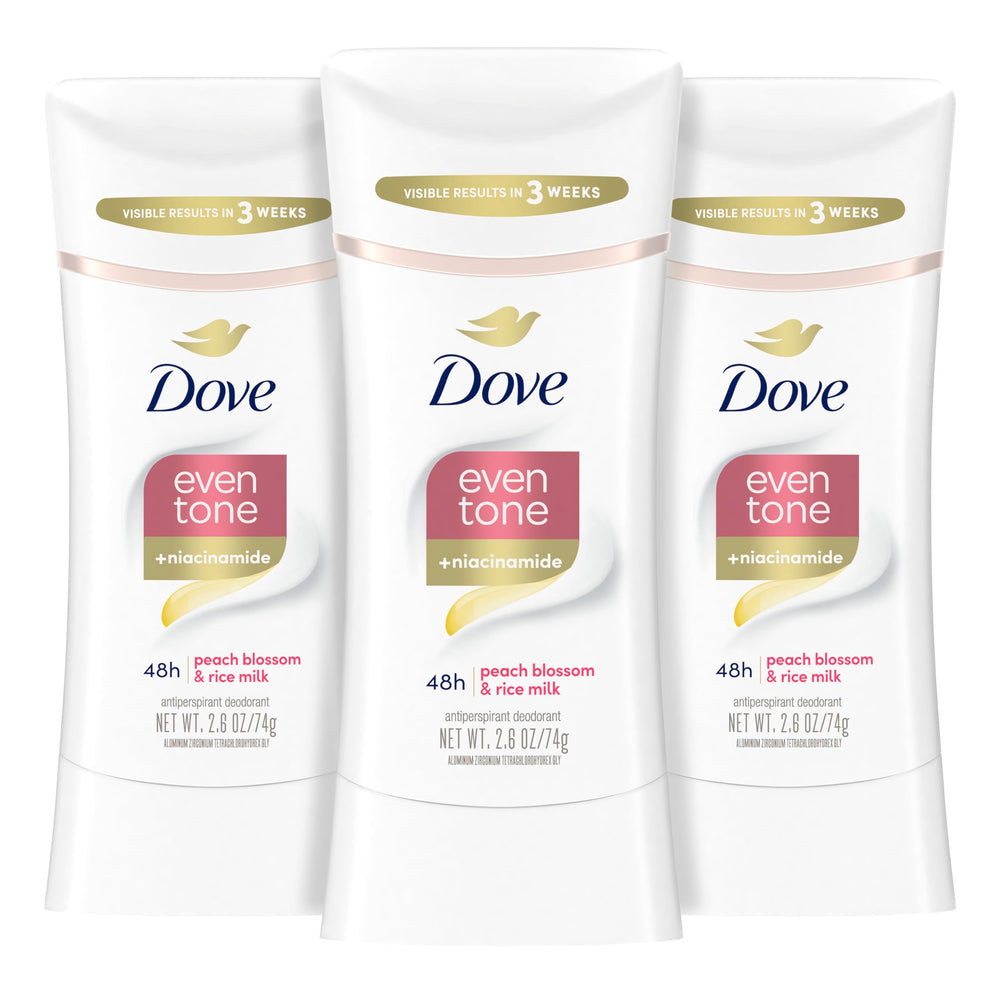 Dove Even Tone front packaging showing three sticks and benefits