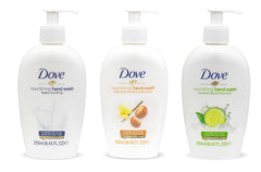 Dove front packaging showing three 250ml bottles and clear product benefits