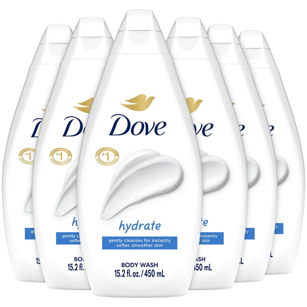 Dove hydrate front packaging showing six bottles and benefits