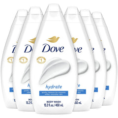 Dove hydrate front packaging showing six bottles and benefits