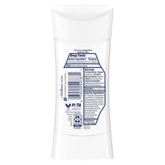 Label close-up on Dove stick showing ingredients and skin-care benefits