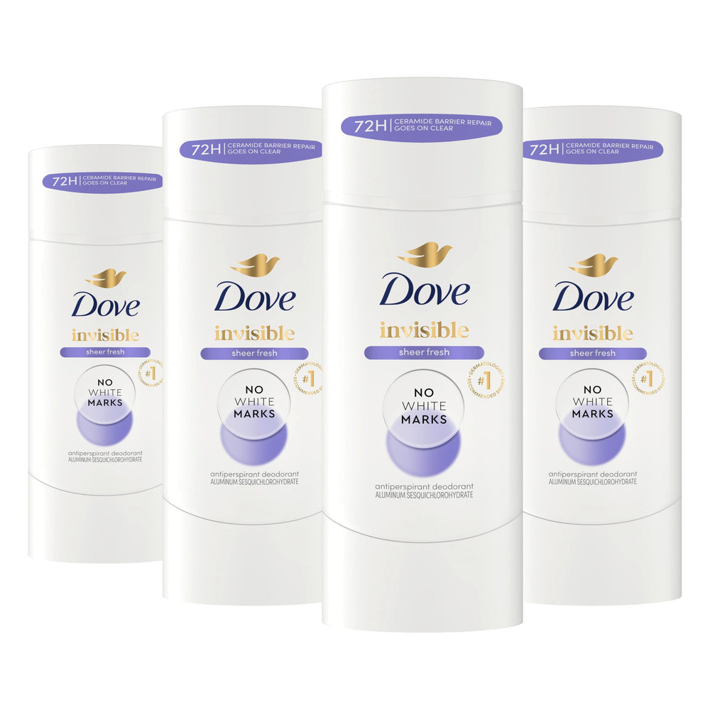 Dove Sheer Fresh front packaging showing four antiperspirant sticks and brand benefit