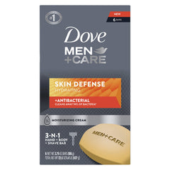 Dove Men+Care front packaging showing six bars and benefits