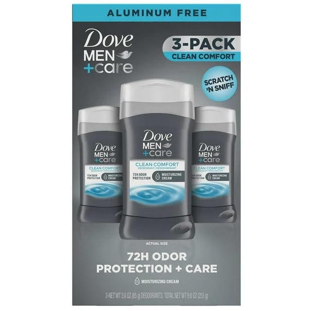 Dove Men+Care front pack showing Clean Comfort and 72-hour benefit