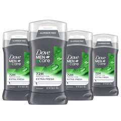 DOVE MEN+CARE front packaging showing four 3 oz sticks and brand benefit