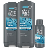 Dove Men+Care front packaging showing dual 250ml bottles and travel bottle benefits