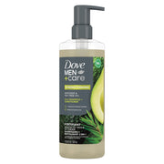 Dove Men+Care front packaging showing bottle and label benefits