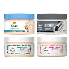 Dove mini body scrub front packaging showing festive jars and benefit of gentle exfoliation
