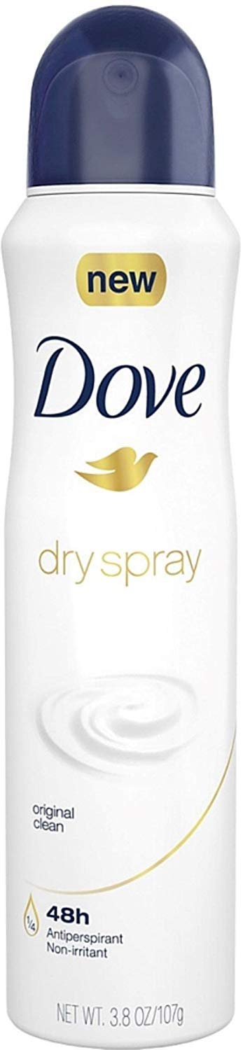 Dove dry spray front packaging showing brand and moisturizing benefit