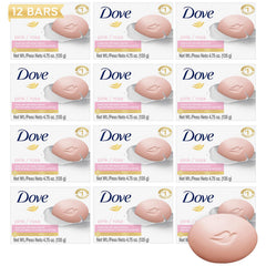 Dove pink beauty bar front packaging showing 12-pack and brand moisture benefit