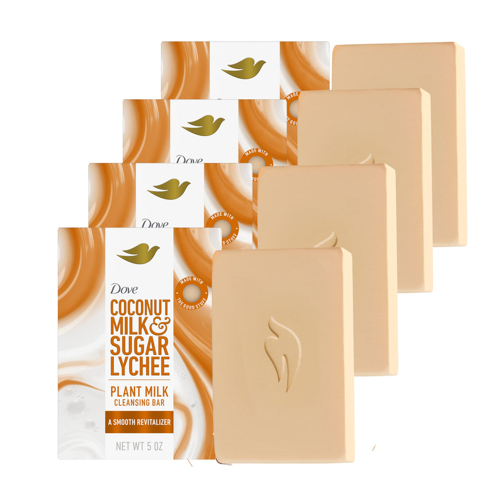 Dove plant milk cleansing bar front packaging shows brand and scent benefit