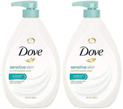 Dove sensitive body wash front packaging showing pump and label, gentle cleansing benefit