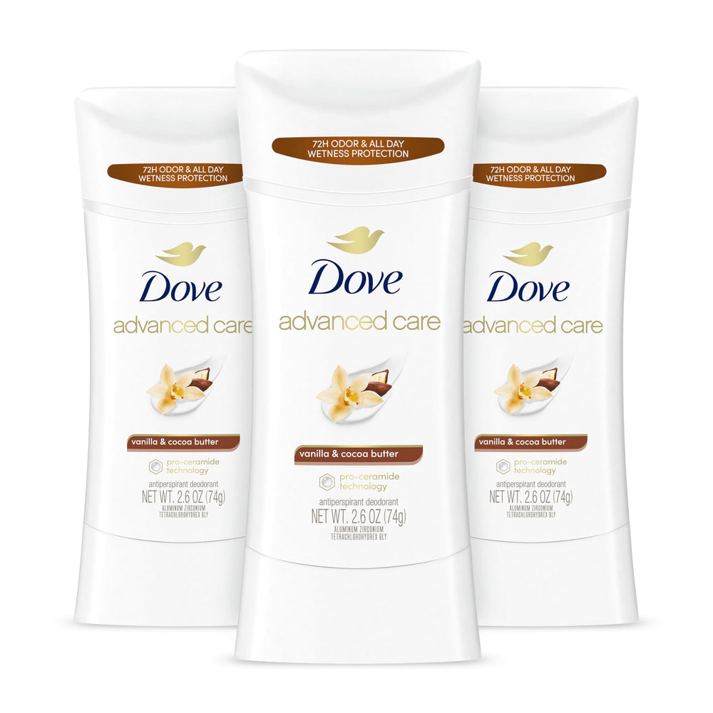 Dove antiperspirant vanilla & cocoa butter front packaging showing 3-pack benefit