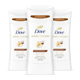 Dove antiperspirant vanilla & cocoa butter front packaging showing 3-pack benefit