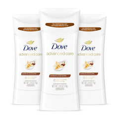 Dove antiperspirant vanilla & cocoa butter front packaging showing 3-pack benefit