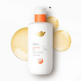 Dove front bottle showing whipped almond scent and easy-pour benefit